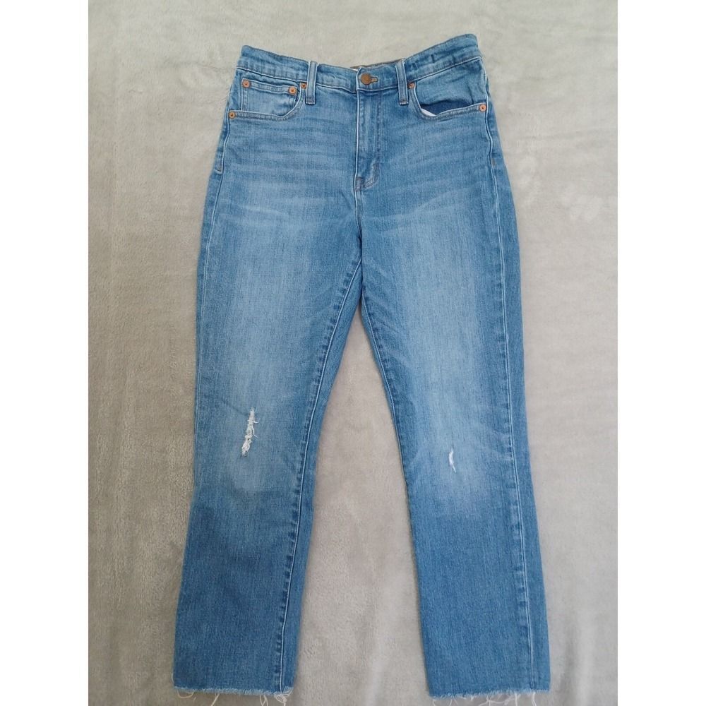 Madewell Jeans Sz 27 High Rise Slim Straight Crop Boyjean Fray Raw Hem Stretch - Picture 14 of 14